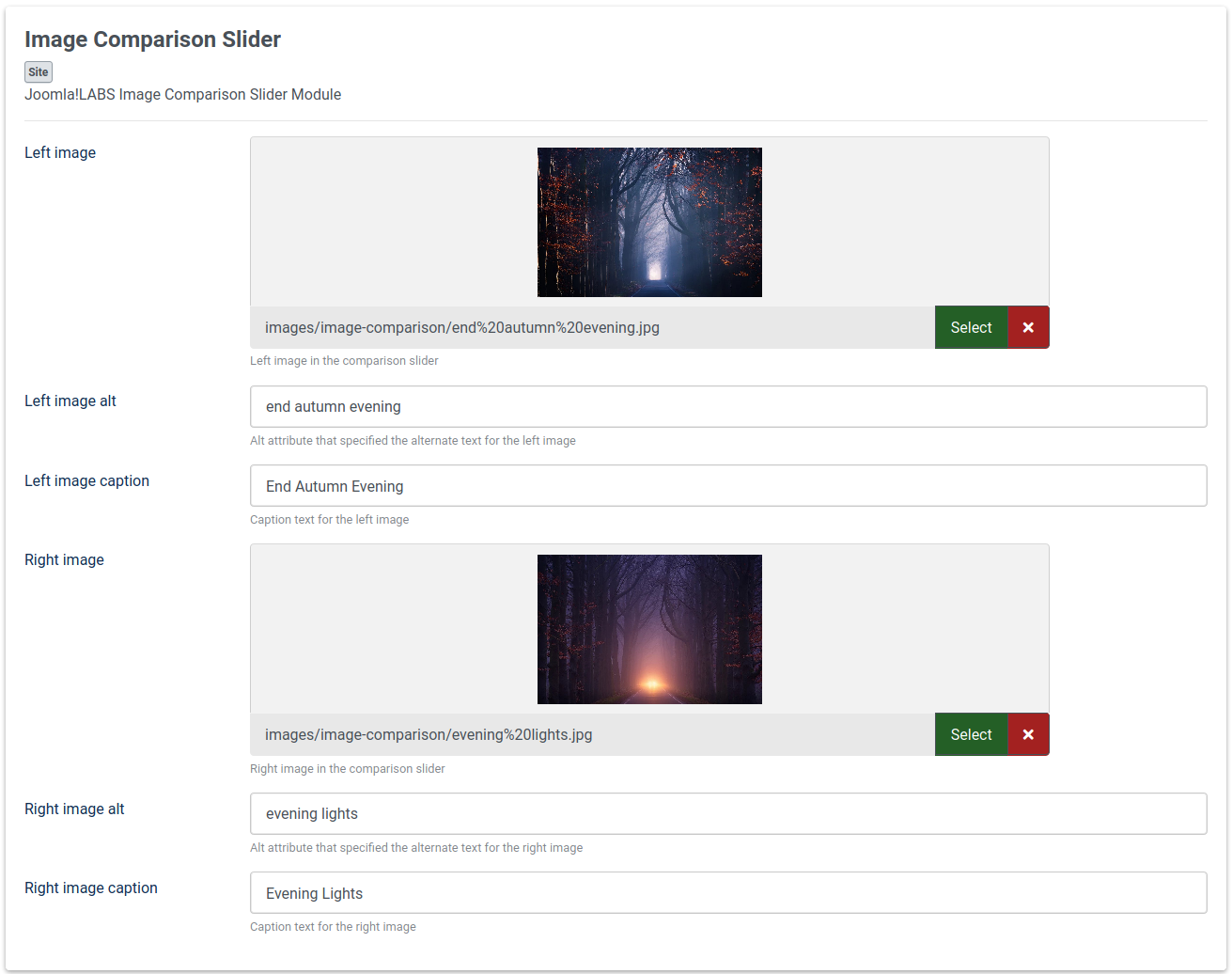 Joomla!LABS - Image Comparison Slider Module backend configuration