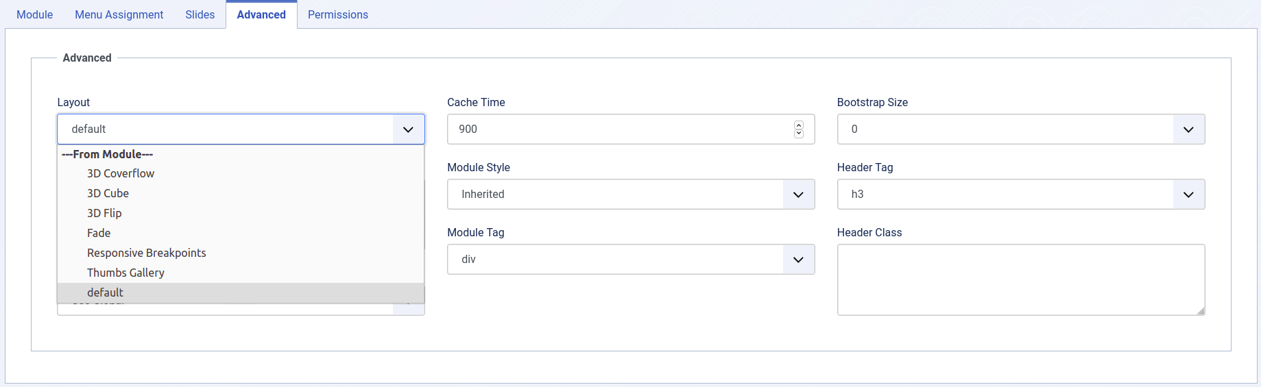 Joomla!LABS - Swiper Slider Module backend configuration Layout