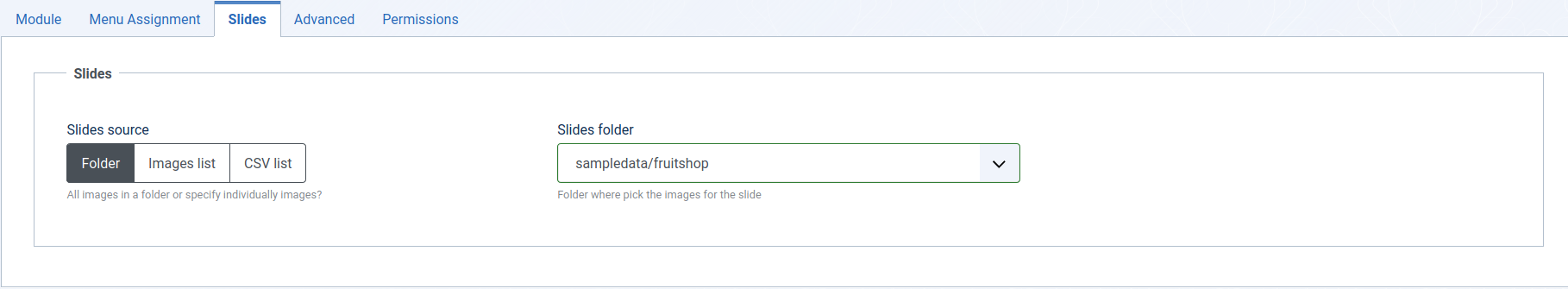 Joomla!LABS - Swiper Slider backend configuration Slides Folder