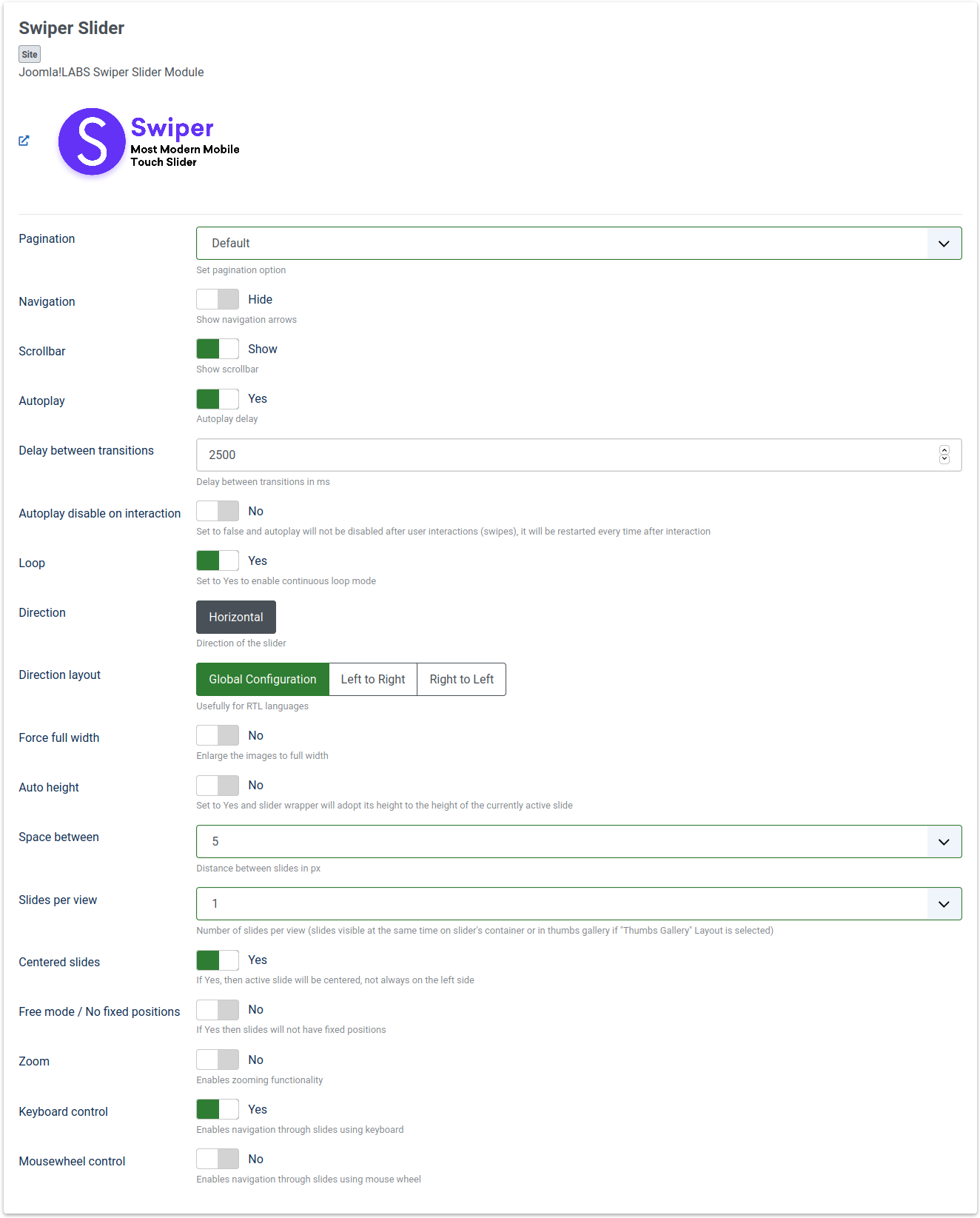 Joomla!LABS - Swiper Slider Module backend configuration